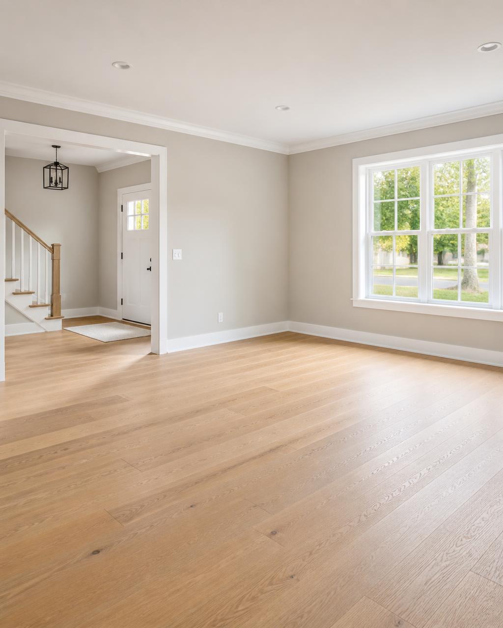 Freshly painted empty living room with warm neutral walls and white trim